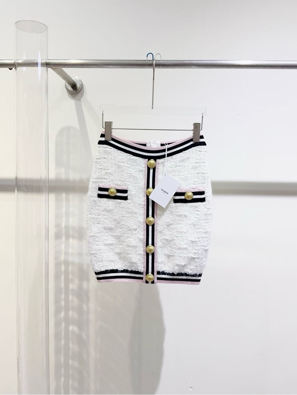 Balmain White Bouclé Pencil Skirt with Black and Pink Trim